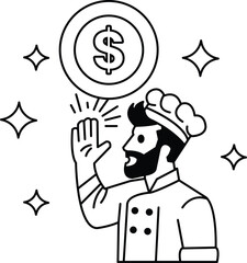 A chef is holding up his hand and a dollar sign is in the air