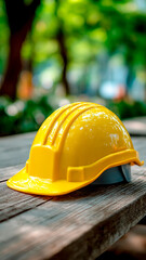 Yellow Hardhat on Rustic Wooden Table Outdoors. Safety Equipment, Construction Accessory, Nature Setting.