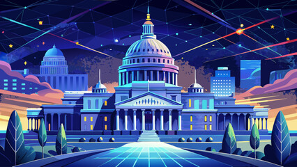 Very beautiful night view of the US Capitol enhanced with glowing digital network overlay, modern architectural marvel atmosphere, and sleek vector composition combining tradition and innovation.
