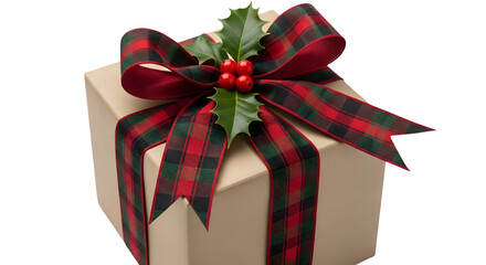 A beautifully wrapped gift box with a festive holly bow