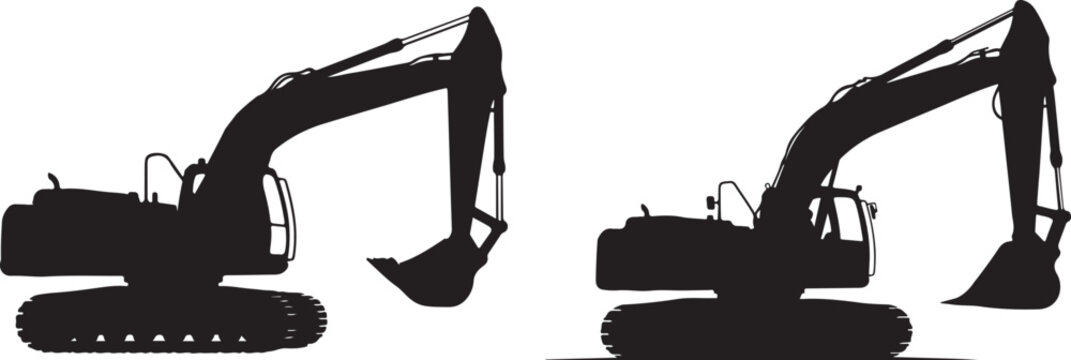 Black excavators side by side, Excavator Construction Machine Silhouette Vector