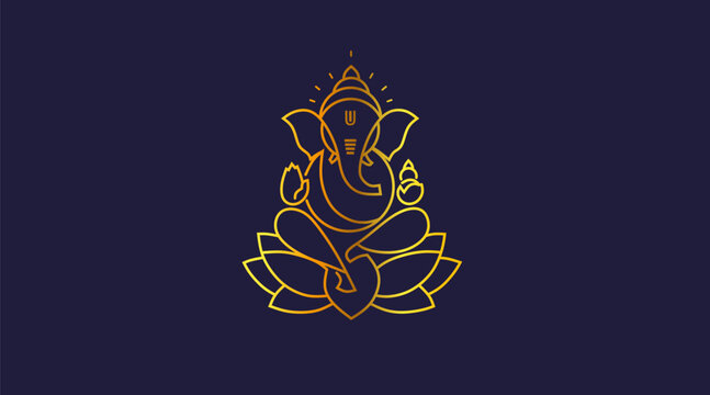 Golden Outline Lord Ganesha Sitting on Lotus Flower Spiritual Illustration