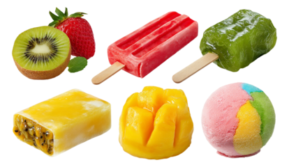 Realistic 3D Illustration of Colorful Fruity Icy Treats and Desserts on Transparent Background