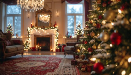 Luxurious living room aglow with festive Christmas decorations, featuring a warm fireplace, twinkling tree, and elegantly draped garlands for a perfect holiday ambiance