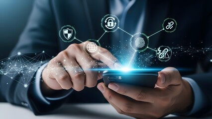 A person in a suit uses a smartphone with an overlay of interconnected digital security icons