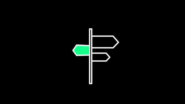 Directional signpost with green arrow on black background