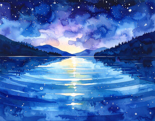 星が降る夜と波が立つ涼しい池の水辺　水彩画風