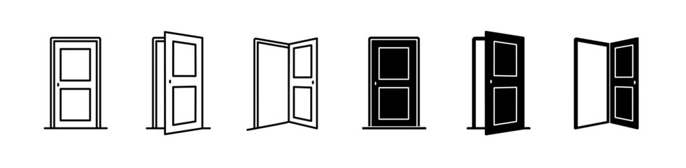 Doorway and entrance icon set. Open and closed door, exit, and home security symbol. Editable stroke. Vector illustration