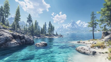 Crystal Lake Reflects Snow-Capped Mountains and Forested Shoreline