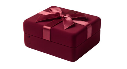 A burgundy gift box with ribbon
