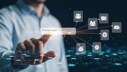 Man pointing at prompt input bar for generative ai and data processing on futuristic interface