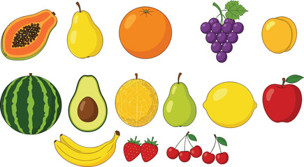 Fresh colorful fruit collection with tropical and seasonal fruits isolated on white background flat vector illustration