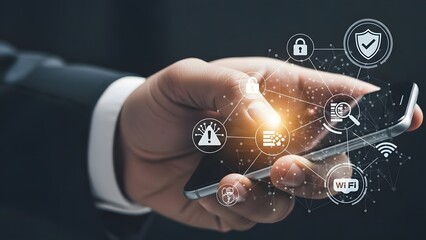 Digital security and network connectivity concept on a smartphone in a businessman's hand
