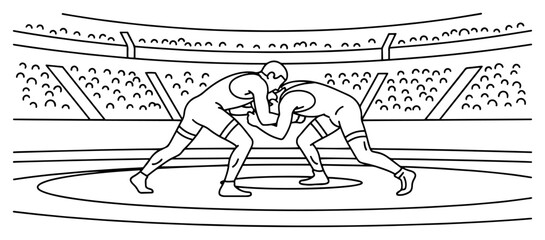 Two athletes wrestling in a stadium arena during a match in black and white line art