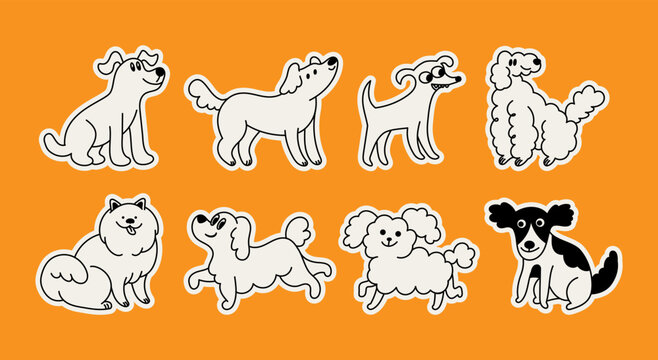 Cartoon doodle dogs and pets. Vector logo design template and graphic element for advertising, branding, posters and banners, hand drawn illustration with mascots