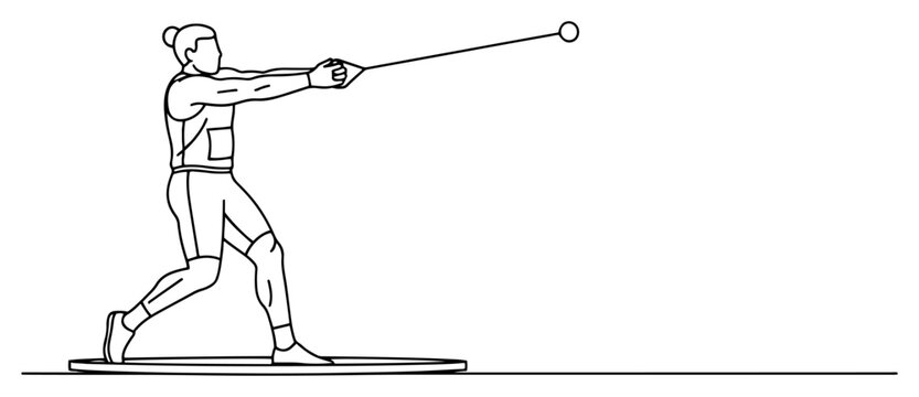 Female athlete performing hammer throw on track and field stadium outline drawing