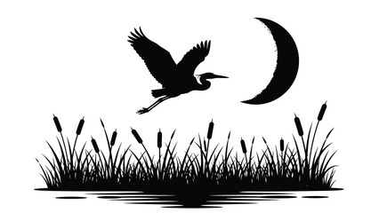 Obraz premium Black silhouette of a flying heron over cattails with a crescent moon on a white background.