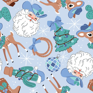 Seamless vector pattern with cowboy Santa Claus and vintage Christmas deer. Hand drawn western pattern with cactus and Christmas tree. 