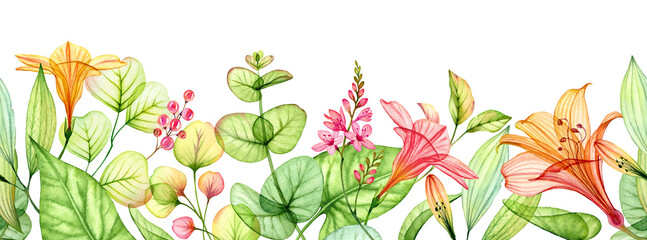 Watercolor seamless border with tropical flowers. Horizontal composition with transparent orange flowers, lily and eucalyptus leaves. Botanical horizontal illustrations for banners and wedding design © Katerina Kolberg