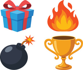 Gift box, fire, classic bomb, and golden trophy isolated vector icons set.