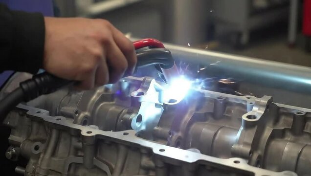 Close-up of a welder's hand using a torch to weld an engine block with bright sparks
