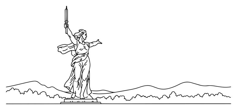 The Motherland Calls monument statue holding a sword in Russia in line art style