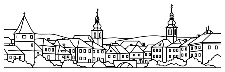 Old European town skyline with church towers and houses outline
