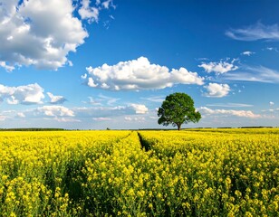 A vibrant field of yellow flowers stretches towards the horizon under a bright blue sky dotted with puffy white clouds, a solitary tree