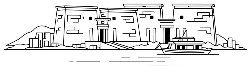 Ancient Temple of Philae island complex in Egypt with boat in vector outline