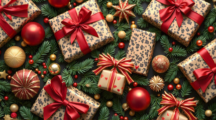 Red & Gold Ornaments with Animal Print Presents