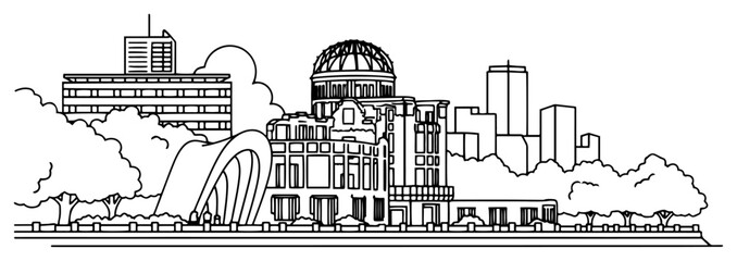 Obraz premium Hiroshima peace memorial atomic bomb dome and city skyline outline