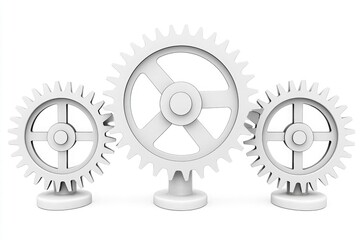 three white gears on stand with simple shapes for engineering and mechanical design
