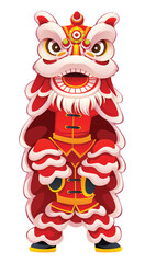 Traditional Chinese lion dance character full body front view in a red and white costume isolated by a white background. Vector cartoon illustration