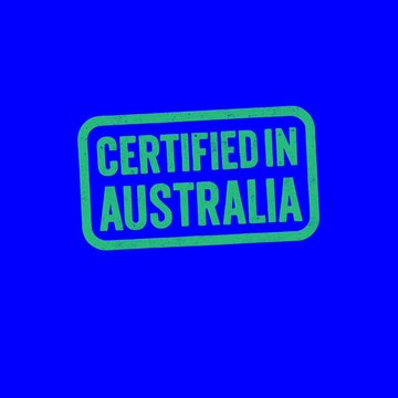 Certified in Australia red and green grunge stamps isolated on green and blue chroma key background
