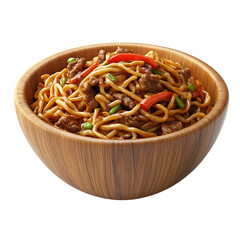 yakisoba in wooden bowl, white background