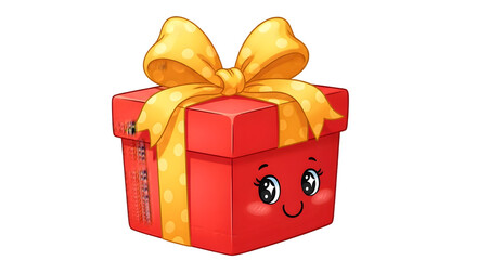 A cheerful red gift box with a yellow ribbon and cartoon eyes