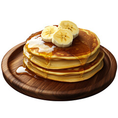 banana pancakes on wooden plate, white background