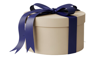 A beige cylindrical gift box with a purple ribbon