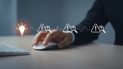 A professional person navigates through problems, using a computer mouse to illustrate innovative solutions amidst challenges, and symbolising business.