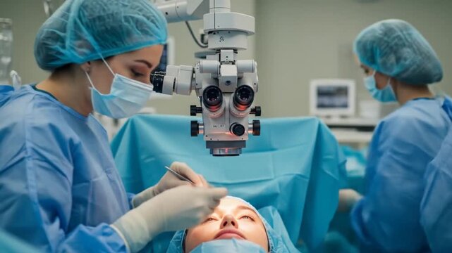 Surgeon team performs eye procedure with microscope