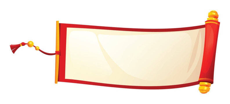 Traditional Chinese horizontal scroll with blank paper and red border isolated by a white background. Vector cartoon illustration