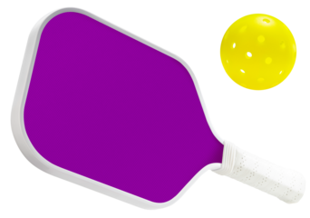 A blue Purple paddle and a bright yellow wiffle ball isolated on white background, Pickleball sport equipment on White Background PNG File..