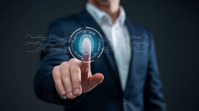 Businessman interacting with digital fingerprint biometric security interface - Powered by Adobe