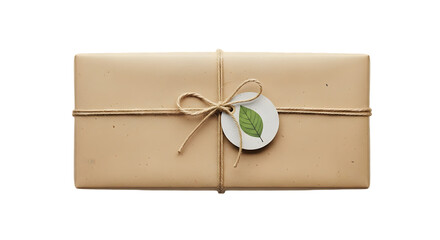 Gift wrapped in brown paper with a decorative leaf
