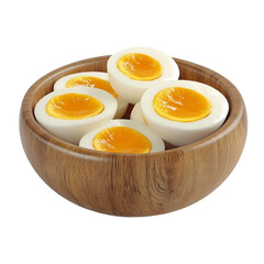 egg boiled slices in wooden bowl, white background
