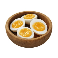 egg boiled slices in wooden bowl, white background