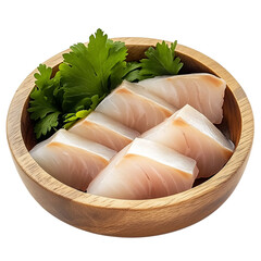 fish slice in wooden bowl, white backgroun
