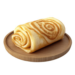 fluffy roll pancake on wooden plate, white background