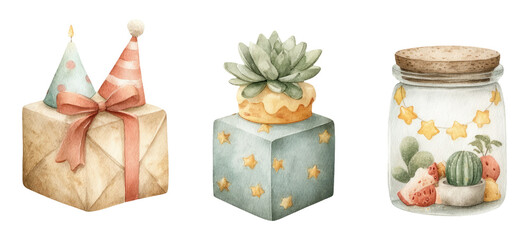 Watercolor Illustration of Celebration Gifts for Event and Party Decoration Ideas