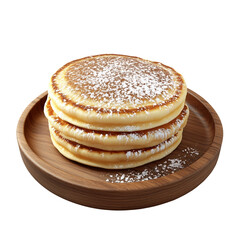 fluffy roll pancake on wooden plate, white background